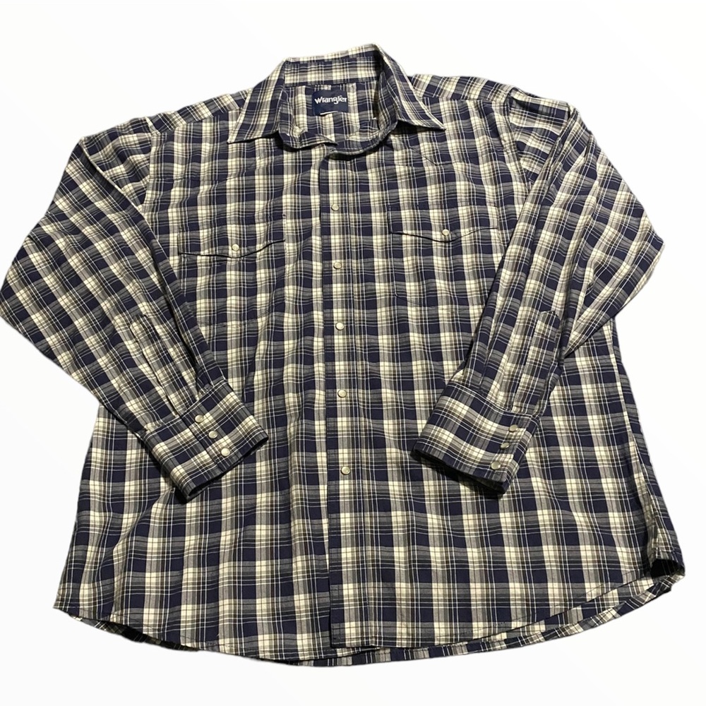 Wrangler Flannel Shirt Mens XL Pearl Snap BLUE PLAID